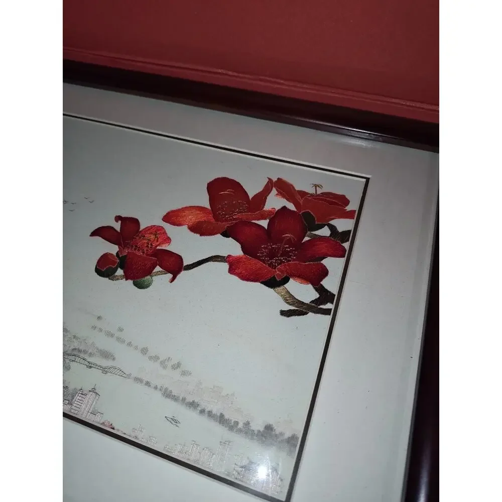 Cantonese Embroidery Kapok Silk Cotton Of South China Red Flowers Framed Decor